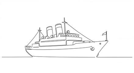 Grand cruise ship elegant in continuous line art against a white background with copy space