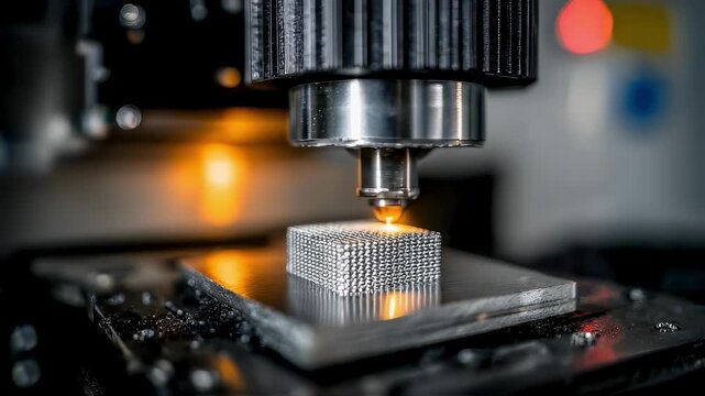 Focused view on a metallic 3D printed part emerging from the printer showcasing detailed textures and precision engineering with the surroundings softly blurred for emphasis.