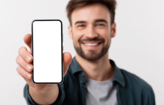Smiling young man with beard displaying blank smartphone screen