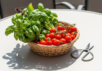Fresh Cut Basil and Picked Tomatoes in Basket on Picnic Table