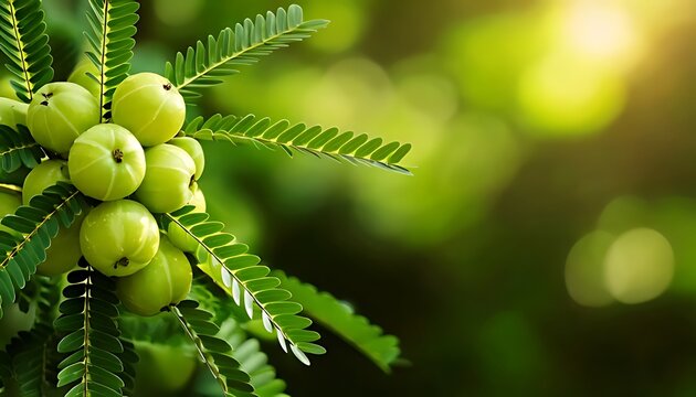 Indian gooseberry fruit with leaves in a blurred background is called Aamla or Amla.