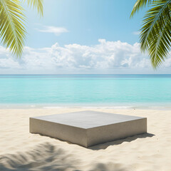 Coastal Serenity: A minimalist concrete stage sits serenely on a sandy beach, framed by swaying palm fronds, with the turquoise ocean stretching toward a bright, cloud-filled sky.