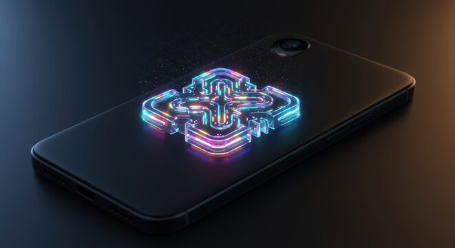Abstract geometric design glows brightly with multiple colors, emitting a futuristic holographic appearance on the dark surface of a modern handheld communication device, creating a digital...