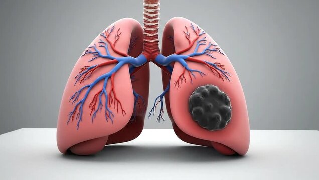 Anatomical model of human lungs with cancerous tumor and vessels  