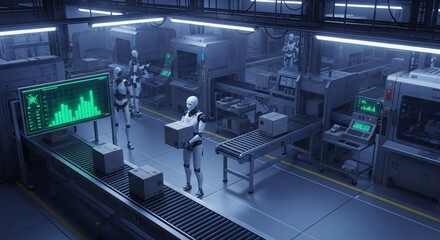 Robotic workforce optimizing manufacturing efficiency with data-driven insights and automated logistics, revolutionizing industry productivity in modern factory