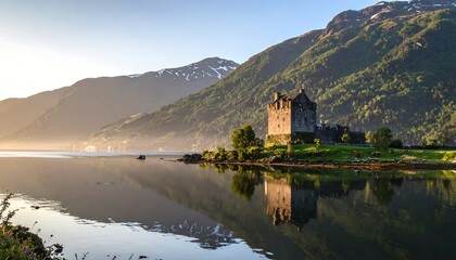 Obraz premium A picturesque castle sits on a small island, reflecting in calm water, with mountains in the backdrop. The scenery basks in soft sunlight