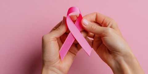 Hands Hold a Pink Awareness Ribbon Against a Pink Background