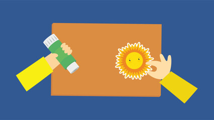 Illustration of a human hand holding a sunflower and a bottle of sunscreen