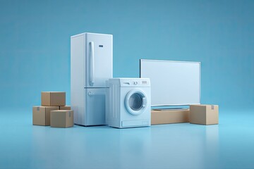 3D rendered collection of major home appliances and moving boxes against a pastel blue background