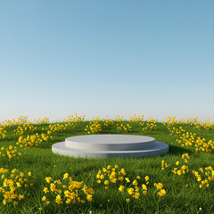 Floral Podium: An empty circular podium stands in the middle of a lush green field surrounded by cheerful, vibrant yellow flowers, under a brilliant blue sky.