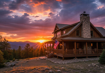 Mountain Lodge with American Flag at Sunset