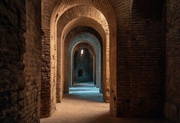 Obraz premium Series of arched walkways crafted from aged brick, illuminated by distant natural light