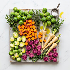 Fresh Vegetables Flatlay on Board, Raw Veggies prepared before Roasting