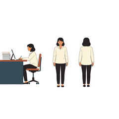 Obraz premium Woman working at desk, front and back views, isolated on white