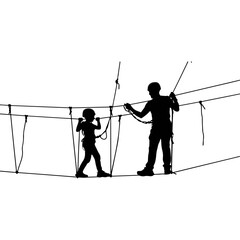 Instructor assisting child on rope bridge obstacle course silhouette © Pemburu