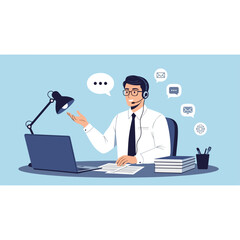 Customer service representative assisting clients at desk with headset