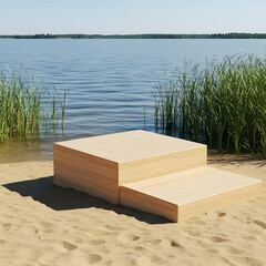 Wooden Podium on Sandy Shore: A minimalist wooden podium, perfectly placed on the sandy beach, with a picturesque lake in the background, presenting a space for natural exhibition. 