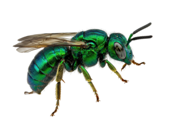 Isolated metallic sweat bee resting, Lasioglossum, green insect side view, full body, insecta