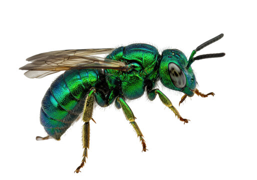 Isolated metallic sweat bee resting, Lasioglossum, green insect side view, full body, insecta