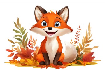 Obraz premium Cute cartoon fox sitting among colorful autumn leaves