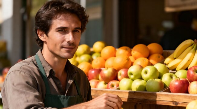 Close-up of a customer's hand holding a smartphone with a digital QR code for contactless payment over fresh fruit at a grocery store