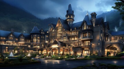 Naklejka premium Luxurious mountain resort at night with stunning architecture