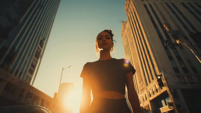 A young woman poses on a city street as the sun sets behind tall buildings, showcasing urban vibes