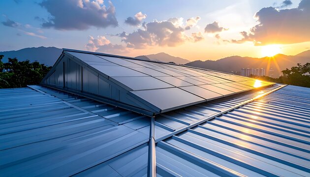 A rooftop features solar panels illuminated by the setting sun, casting a warm glow over a distant mountain range and the urban landscape