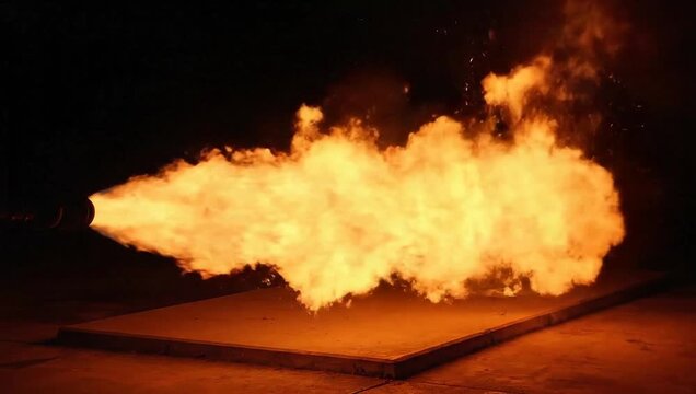 Fire shooting from a flame source in a dark environment  
