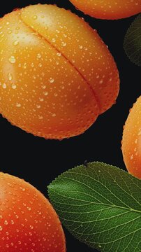 Pattern of fresh apricots whole and sliced with green leaves closeup zoom effect
