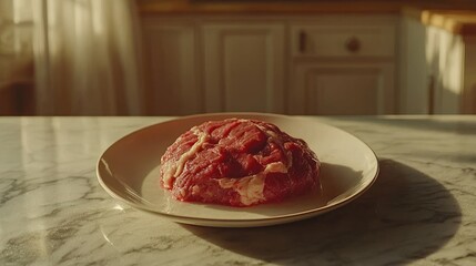 Raw meat on plate with sunlit kitchen background on marble counter