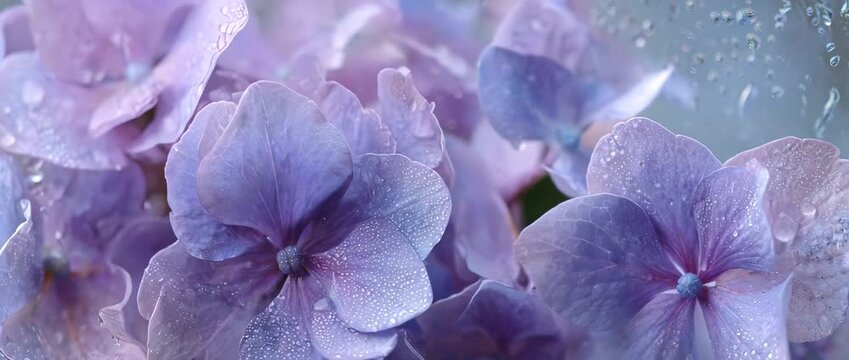 Close-up shot of delicate hydrangea blossoms in soft pastel hues, each petal adorned with glistening droplets. The image conveys a sense of freshness, elegance, and the beauty of nature.