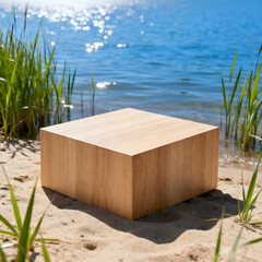 Wooden Block by the Lake: A minimalist wooden block, perfectly squared, rests serenely on a sandy beach, the pristine lake providing a breathtaking backdrop and natural beauty.