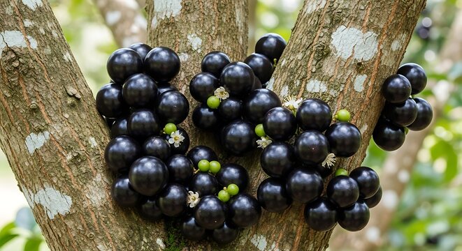 Abundant jabuticaba clusters on a tree trunk, offering a glimpse into nature's sweet bounty and botanical marvels