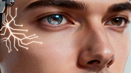 Close up of a man's face with a robotic eye and glowing circuitry on his temple and a silver implant