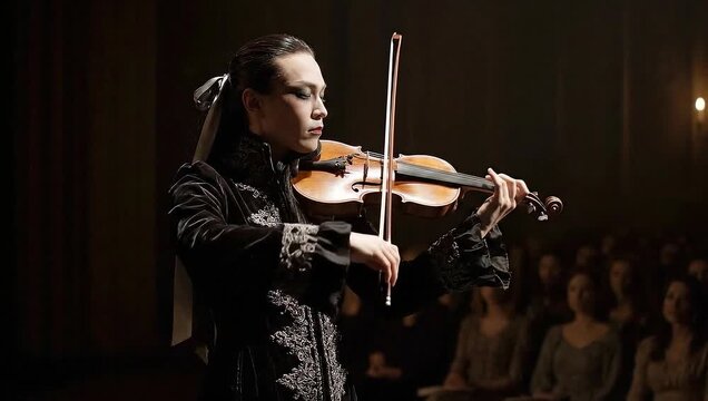 Female violinist performing on stage in elegant attire with audience  