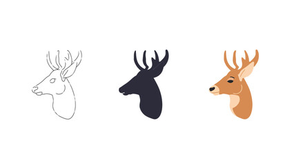 Vector art of three deer heads in different styles, outline, silhouette, and colored