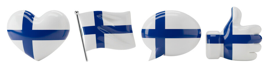 Obraz premium Set of icons with Finnish flag in heart, waving flag, speech bubble, and thumbs up shapes, symbolizing Finland and patriotism