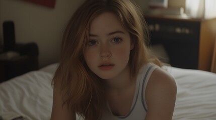 Naklejka premium Closeup Portrait Freckled Teen Girl Bedroom