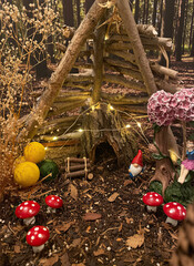 Miniature Fairy Garden with Natural Materials Craft - Pumpkins and Lights