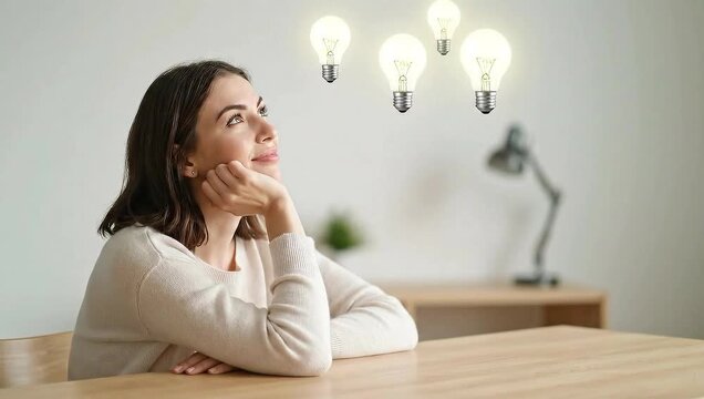 Young woman thinking with light bulbs above her at a wooden table  