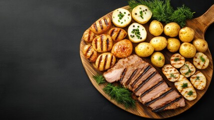 This platter presents an elegant assortment of grilled meat, tender potatoes, and vibrant roasted vegetables, ideal for a gathering or special occasion in a dimly lit setting