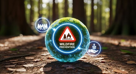Visual Representation of Wildfire Prevention: A Intricate 3D Globe in a Forest Setting with Icons Illustrating Fire Safety and Conservation Efforts