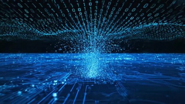 Digital data stream creating vortex effect in blue tech background  