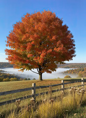 Orange Red Autumn Tree in Open Field with Foggy Valley in Background