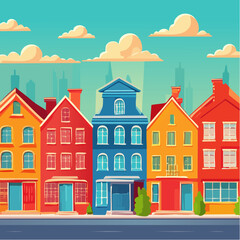 Row of colorful houses, vibrant colored facades