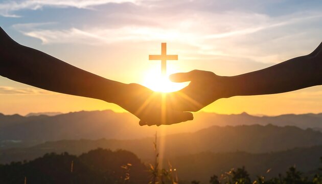 Two hands cupped in a sunset scene holding a cross, mountains in the background. Golden light radiates from behind the cross