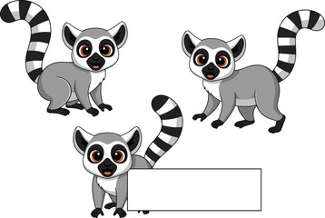 Obraz premium Cartoon lemur character set with expressive poses, striped tail animal illustration, blank sign for text, playful and whimsical vector design, cute and creative