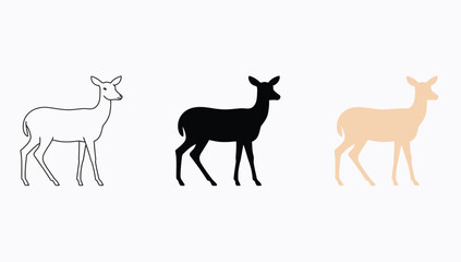 Vector art of three deer icons in different styles outline, solid, and colored versions