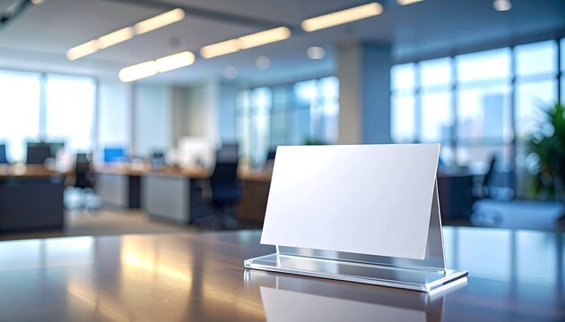 A sleek, modern office interior focuses on a blank nameplate, blurred workstations, and large windows. Natural light bathes the scene, highlighting clean lines